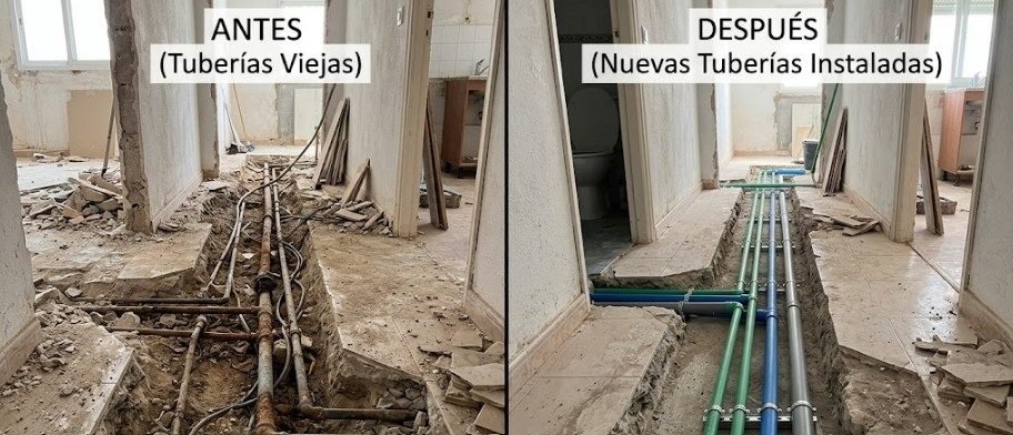 Antes y después cambio de tuberías en Madrid — sustitución tuberías antiguas por PVC nuevas en Salamanca — Fontanería y Construcción Madrid