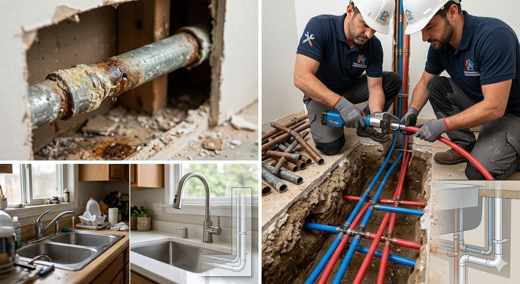Fontaneros profesionales cambiando tuberías en una vivienda — instalación de tuberías PEX rojas y azules