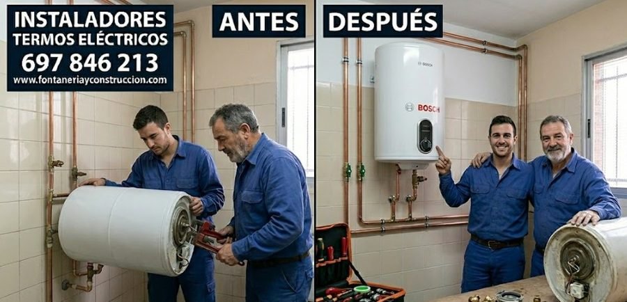 Técnicos cambiando termo eléctrico antiguo por uno nuevo en Pozuelo de Alarcón Madrid — instalación antes y después — Fontanería y Construcción 697 846 213
