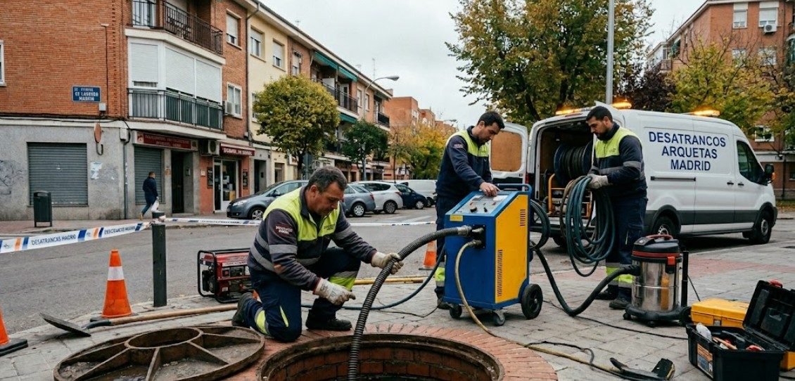 Desatascar arquetas en Madrid — equipo profesional con maquinaria industrial hidrojetting en Barajas — Fontanería y Construcción Madrid