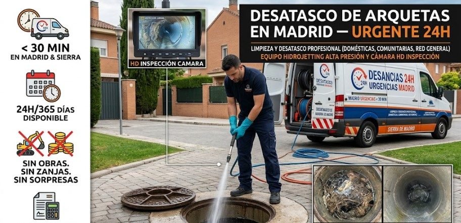 Desatasco de arquetas en Madrid urgente 24h — hidrojetting alta presión e inspección cámara HD en Argüelles — Fontanería y Construcción Madrid