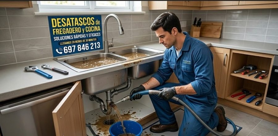 Fontanero desatascando fregadero y cocina en Plaza España Madrid — sonda eléctrica sin obras — Fontanería y Construcción 697 846 213