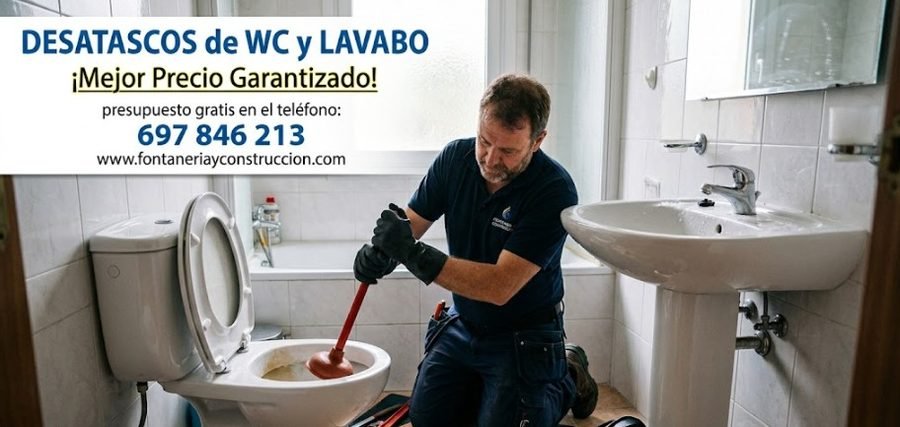 Fontanero desatascando WC e inodoro urgente en Leganés Madrid — mejor precio garantizado desatasco lavabo — 697 846 213