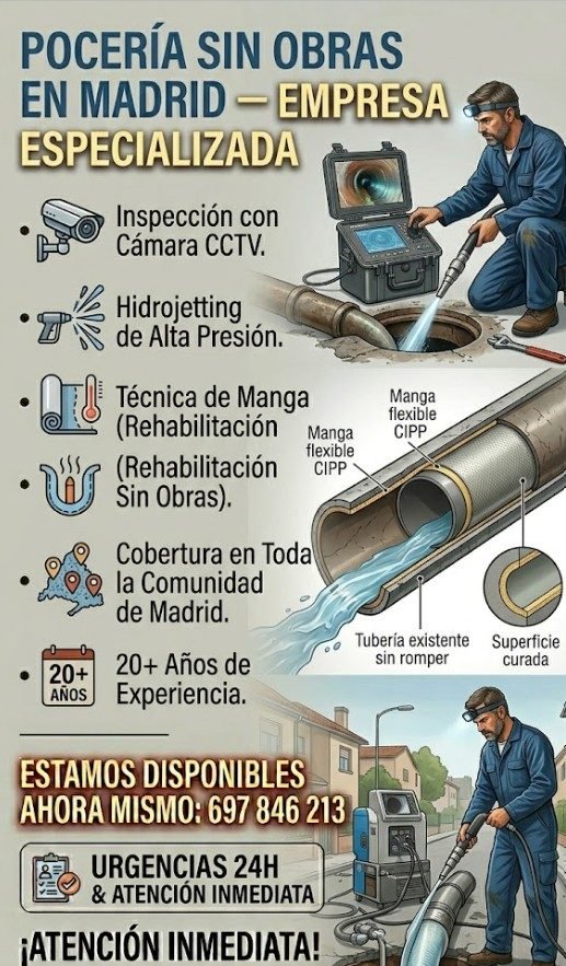 Empresa de pocería sin obras en Madrid especializada — inspección cámara CCTV hidrojetting técnica manga Moralzarzal — Fontanería y Construcción 697 846 213