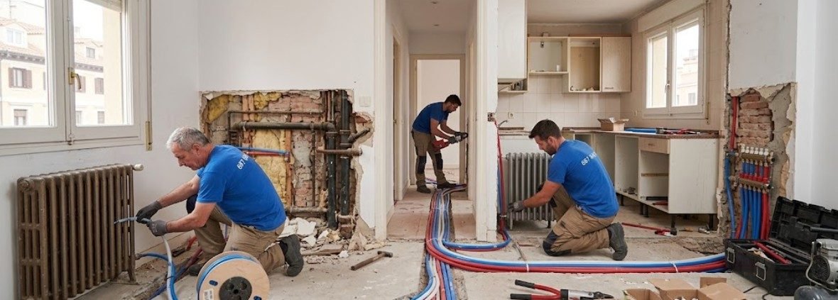 Equipo de fontaneros cambiando tuberías completas en piso de Madrid — renovación instalación en Moncloa-Aravaca — Fontanería y Construcción Madrid