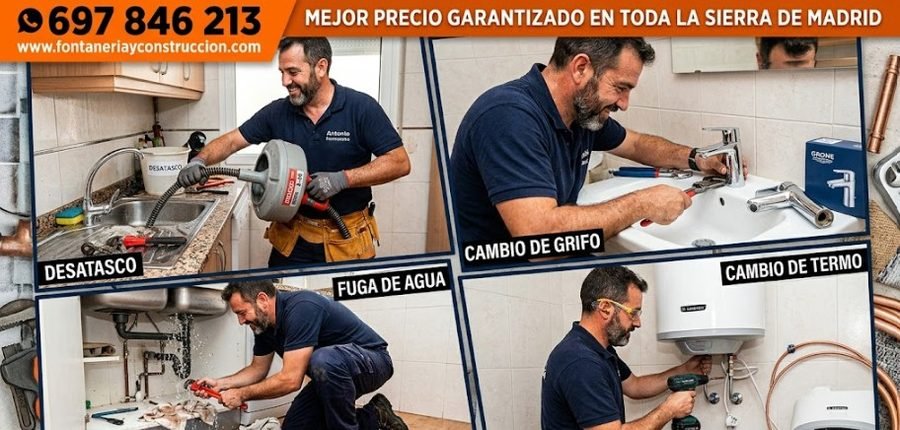 Fontanero barato y urgente en Collado Villalba — mejor precio garantizado sierra de Madrid desatasco cambio grifo fuga termo — Calle Isla de la Toja — 697 846 213
