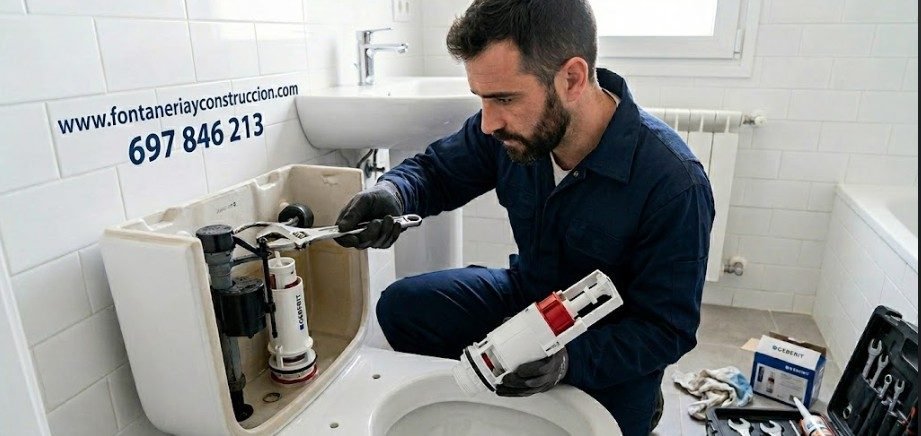 Fontanero cambiando mecanismo Geberit de cisterna en Madrid — reparación cisterna que pierde agua en Latina — Fontanería y Construcción Madrid