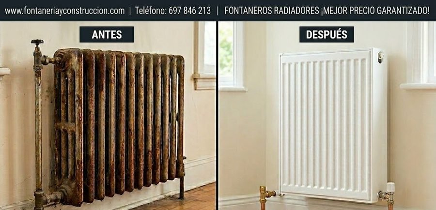Fontanero cambio de radiadores en Madrid, distrito Retiro — antes y después instalación calefacción — Fontanería y Construcción 697 846 213