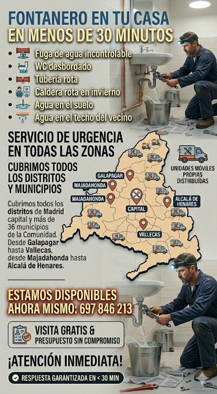 Fontanero de guardia en Madrid urgente nocturno — servicio de urgencia en todas las zonas Alpedrete — Fontanería y Construcción 697 846 213
