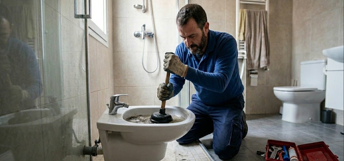 Fontanero desatascando bidé con ventosa profesional urgente en Usera Madrid — Fontanería y Construcción Madrid
