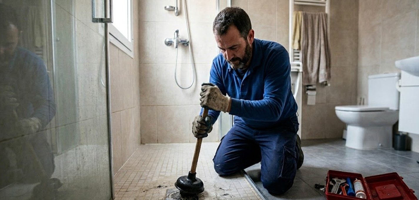 Fontanero desatascando plato de ducha con sonda eléctrica urgente en Hortaleza Madrid — Fontanería y Construcción Madrid