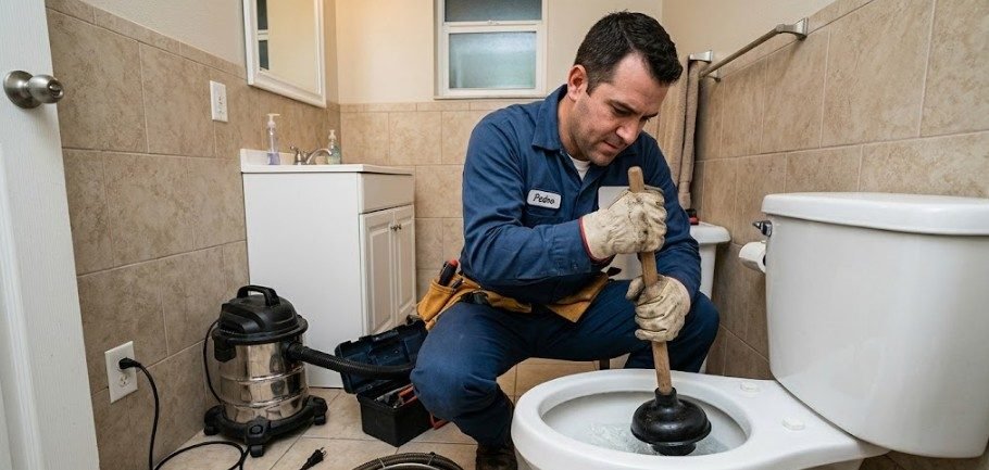 Fontanero desatascando inodoro con ventosa profesional urgente en Latina Madrid — Fontanería y Construcción Madrid