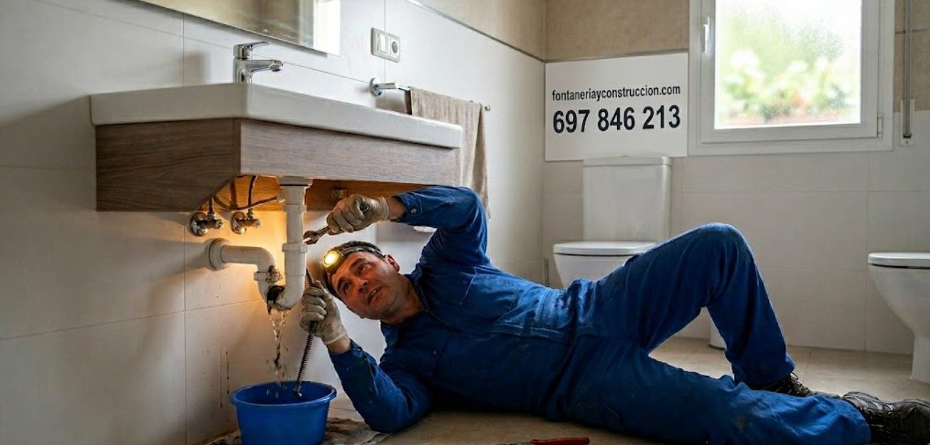 Fontanero desatascando sifón de lavabo con sonda flexible en Ciudad Lineal Madrid — Fontanería y Construcción Madrid