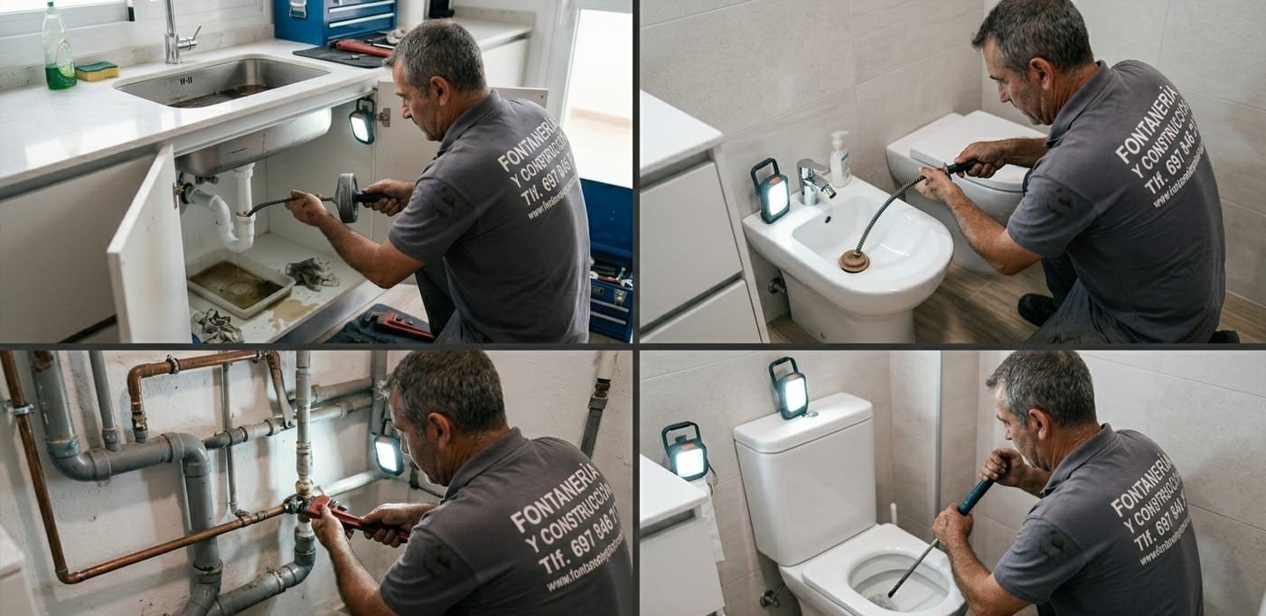 Fontanero realizando desatasco de WC y cambio de grifo en Madrid