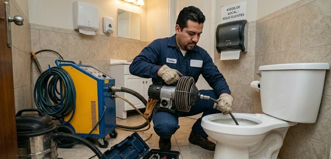 Fontanero desatascando WC con sonda eléctrica profesional en Moratalaz Madrid — Fontanería y Construcción Madrid