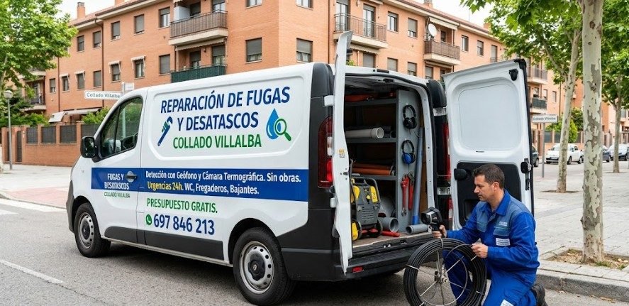 Furgoneta reparación de fugas de agua y desatascos en Collado Villalba — técnico con equipo geófono cámara termográfica Calle Cerceda — 697 846 213
