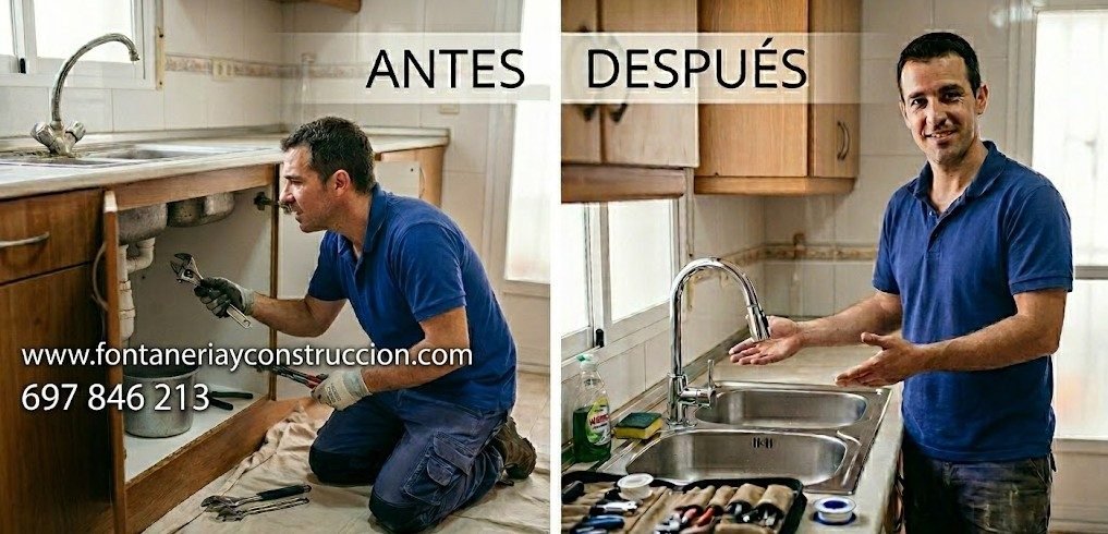Fontanero en Galapagar — antes y después cambio de grifo fregadero cocina — Fontanería y Construcción Madrid — 697 846 213