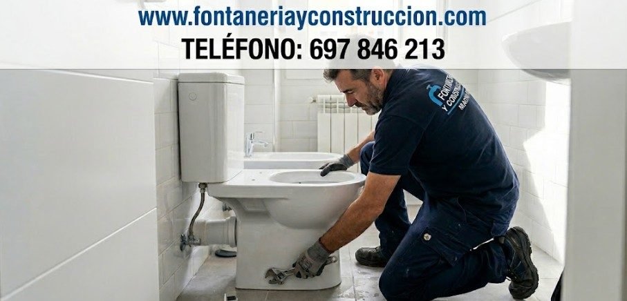 Fontanero instalando inodoro nuevo en Madrid — cambio WC con cisterna en Retiro — Fontanería y Construcción Madrid