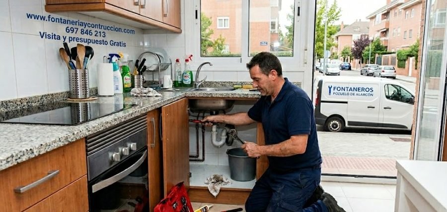 Fontanero en Pozuelo de Alarcón reparando fregadero — empresa local técnicos propios furgoneta Paseo de la Finca — 697 846 213