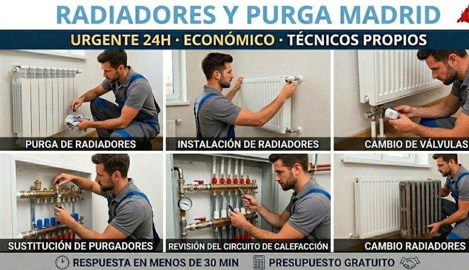 Fontanero radiadores y purga calefacción en Madrid — instalación, válvulas y purgadores — Fontanería y Construcción Madrid
