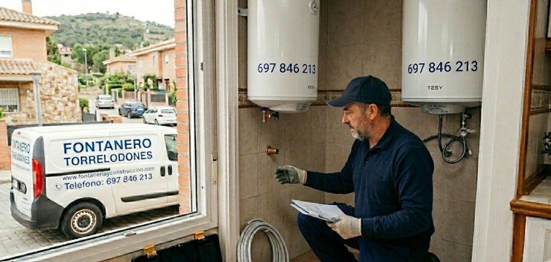 Fontanero Torrelodones instalando termo eléctrico TESY en Avenida Juan Pablo II — Fontanería y Construcción 697 846 213