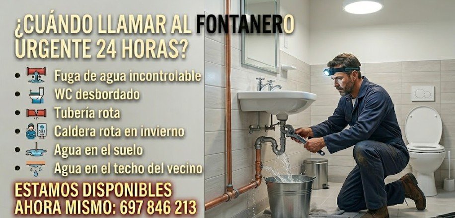 Fontanero urgente 24 horas disponible ahora en Brunete Madrid — cuándo llamar fuga WC tubería rota caldera — 697 846 213