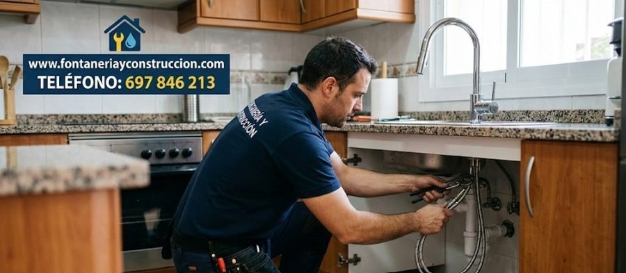Fontanero en el distrito Vicálvaro Madrid empresa con técnicos propios — fontanero reparando instalación bajo el fregadero — Avenida de Daroca Vicálvaro — 697 846 213