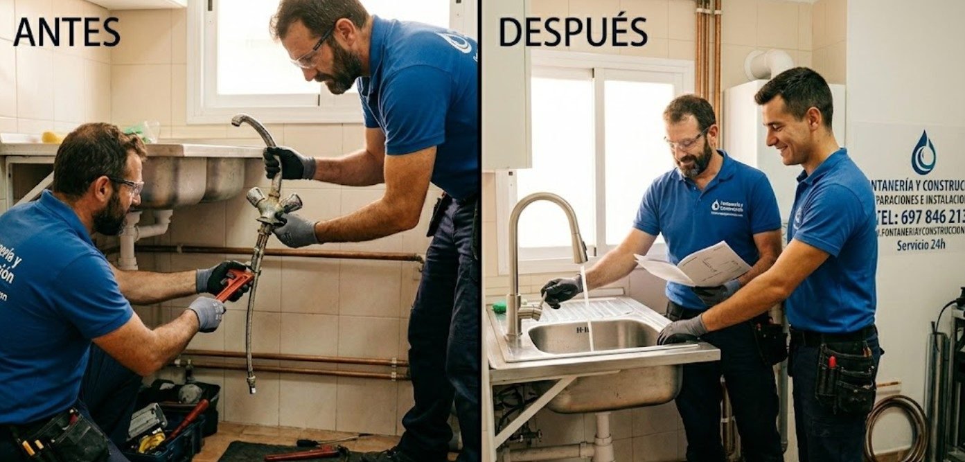 Antes y después cambio de grifo fregadero en Madrid — técnicos propios Fontanería y Construcción en Lavapiés — fontaneriayconstruccion.com