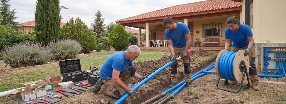 Fontaneros cambiando tuberías enterradas en jardín de chalet en Fuencarral-El Pardo Madrid — Fontanería y Construcción Madrid