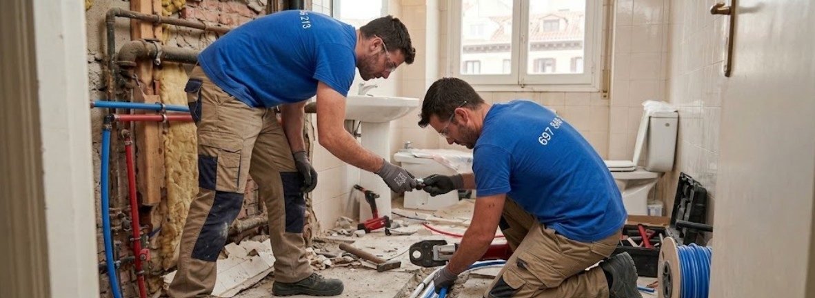 Dos fontaneros cambiando tuberías PVC en baño de Madrid — sustitución instalación antigua en Chamberí — Fontanería y Construcción Madrid