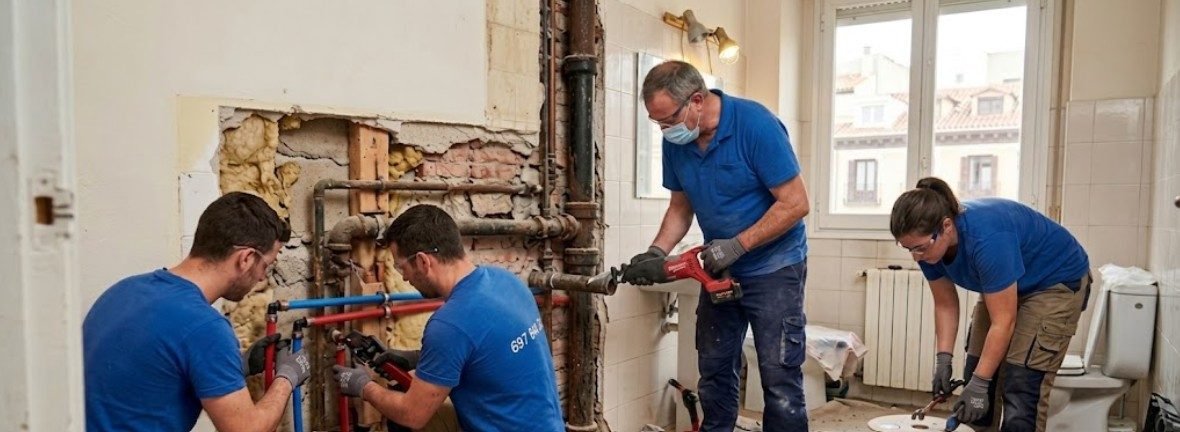 Equipo de fontaneros cambiando tuberías antiguas de hierro por nuevas en baño de Madrid — Puente de Vallecas — Fontanería y Construcción Madrid