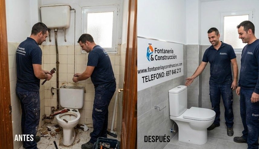 Antes y después cambio de WC en Madrid — dos fontaneros sustituyendo inodoro antiguo por moderno en Madrid Centro — Fontanería y Construcción Madrid