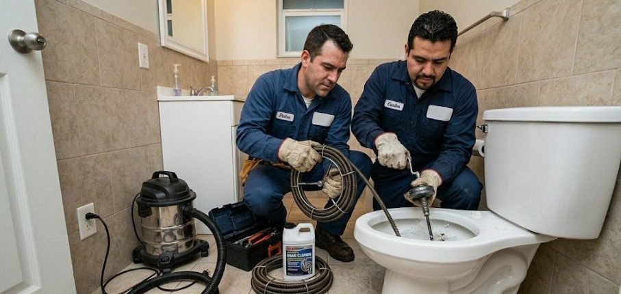 Dos fontaneros desatascando WC atascado por toallitas con sonda profesional en Vicálvaro Madrid — Fontanería y Construcción Madrid