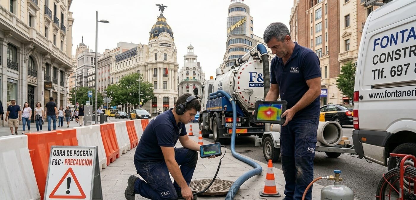 Fontaneros trabajando en la Gran Vía de Madrid — Servicio 24 horas