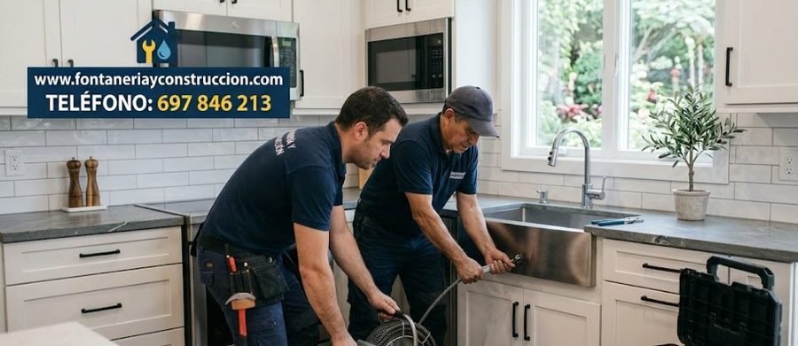 Dos fontaneros en Getafe desatascando fregadero de cocina — servicio urgente 24h y trabajos programados presupuesto gratis — Calle Leganés Getafe — 697 846 213