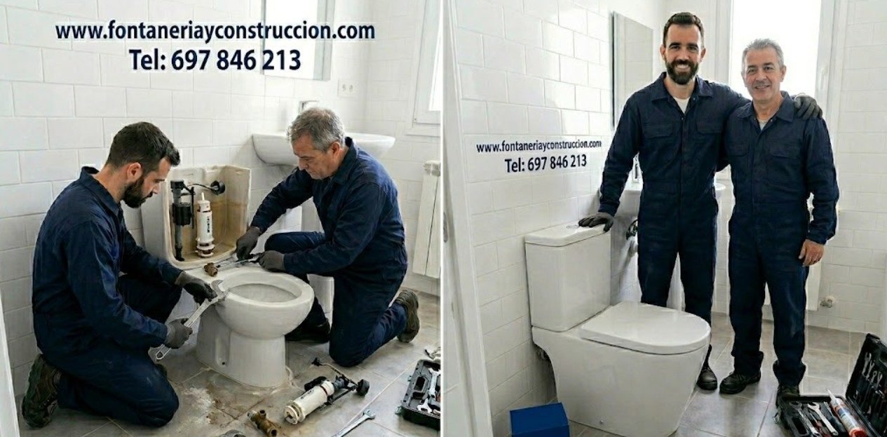 Dos fontaneros instalando inodoro nuevo antes y después en Madrid — cambio WC moderno en Chamberí — Fontanería y Construcción Madrid