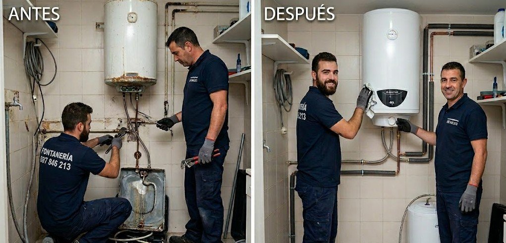 Fontaneros instalando termo eléctrico en Madrid antes y después — Fontanería y Construcción Madrid
