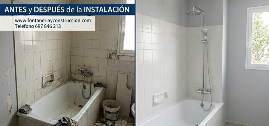 Instalación de columna de ducha antes y después en Alcobendas Madrid — cambio grifería baño reforma completa — Fontanería y Construcción 697 846 213