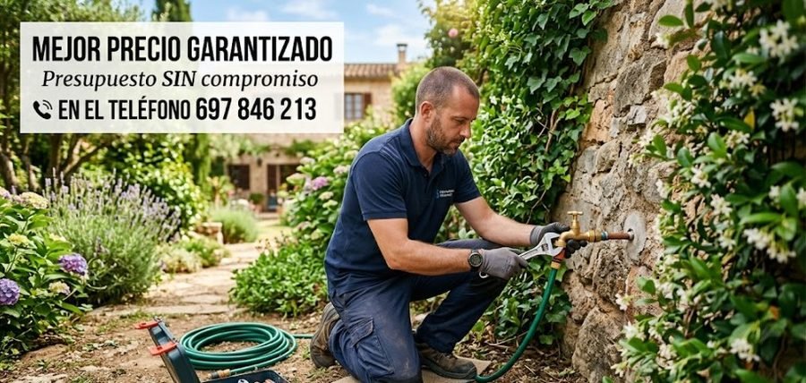 Fontanero instalando grifería en jardín en Chamberí Madrid — cambio grifo exterior precio barato — Fontanería y Construcción 697 846 213