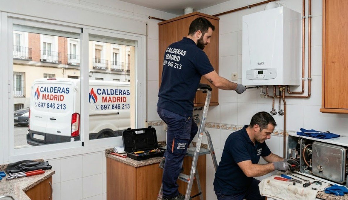 Técnicos instalando y reparando caldera Baxi en Madrid — Barrio del Pilar — Fontanería y Construcción Madrid