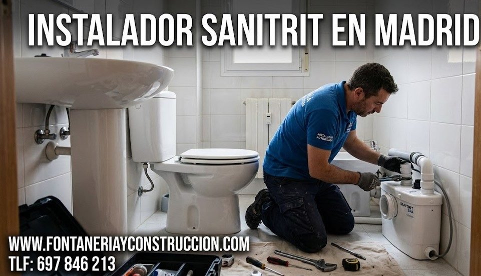 Instalador Sanitrit en Madrid — técnico instalando triturador SFA en baño sin bajante en San Blas-Canillejas — Fontanería y Construcción Madrid