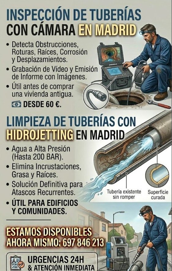 Inspección de tuberías con cámara e hidrojetting barato en Moncloa Madrid — pocero especializado limpieza alta presión urgencias 24h — 697 846 213
