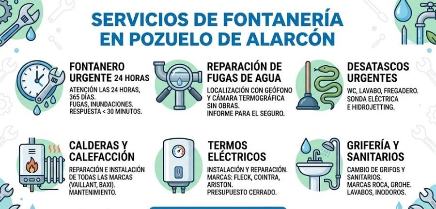 Servicios de fontanería en Pozuelo de Alarcón — fontanero urgente 24h desatascos fugas calderas termos grifería — Calle Babor Pozuelo — 697 846 213