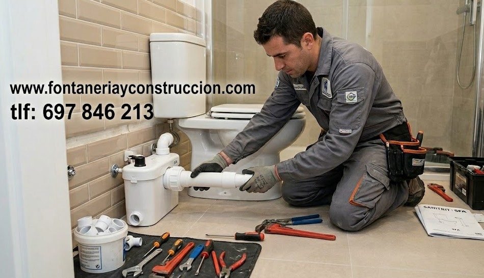 Técnico instalando Sanitrit SFA en baño Madrid — instalación triturador sanitario sin obras en Chamartín — Fontanería y Construcción Madrid